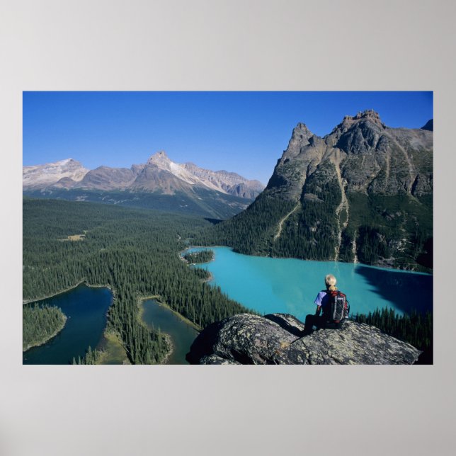 Hiker overlooking turquoise-colored Lake Poster (Front)