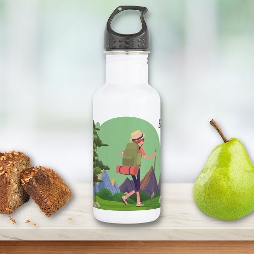 Hiker with Backpack Walking in Mountain Landscape Stainless Steel Water Bottle