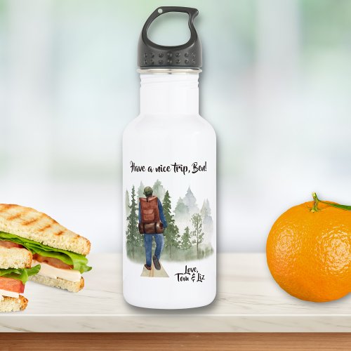 Hiker with Backpack Walking on A Fir Tree Road Stainless Steel Water Bottle