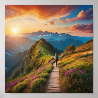 Hiker's Path to Serenity – Scenic Mountain Sunrise Poster