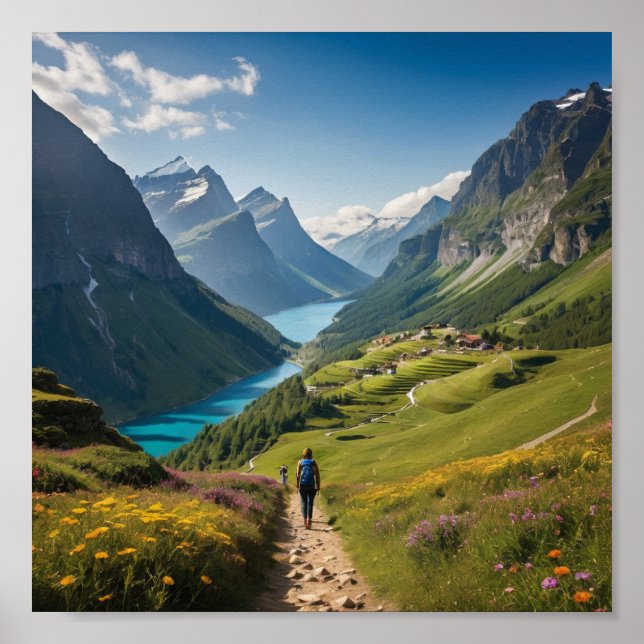 Hiker's Path to Serenity – Scenic Mountain Sunrise Poster (Front)