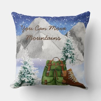 Hikers Pillow With Mountains And Backpack by ChristmasBellsRing at Zazzle