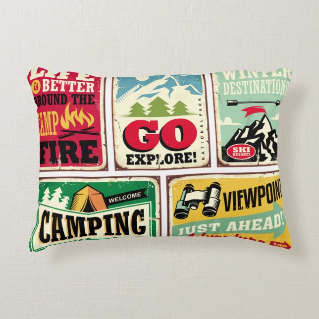 Hiking and camping retro signs collection. Outdoor Accent Pillow (Front)