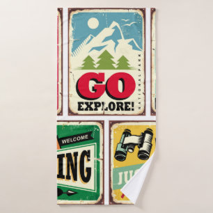 Hiking and camping retro signs collection. Outdoor Bath Towel