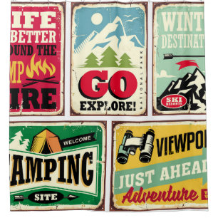 Hiking and camping retro signs collection. Outdoor Shower Curtain