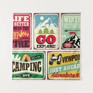Hiking and camping retro signs collection. Outdoor Tapestry