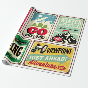 Hiking and camping retro signs collection. Outdoor Wrapping Paper