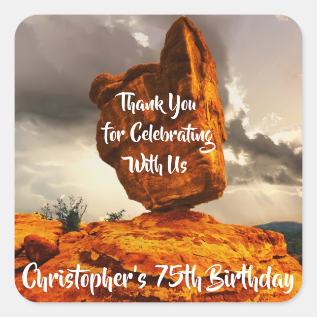 Hiking Balanced Rock Birthday Party Square Sticker (Front)