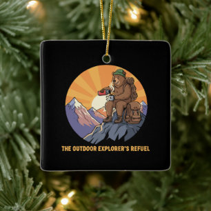 Hiking Bear Coffee Break   Cute Outdoor Explorer's Ceramic Ornament