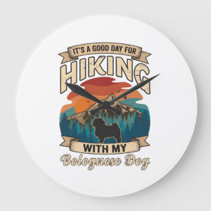 Hiking Bolognese Dog Mountains Sunset Large Clock