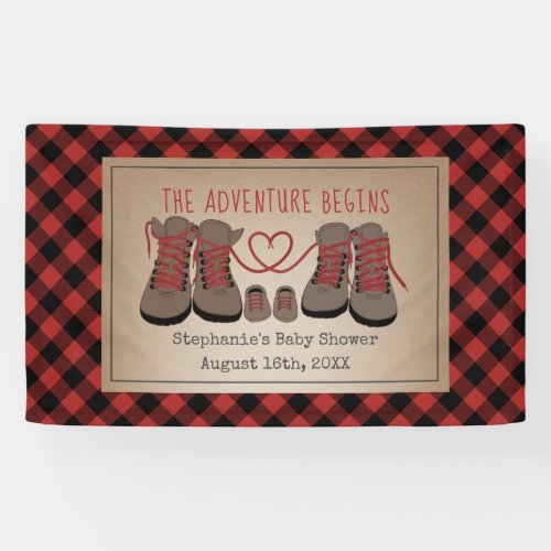 Hiking Boots Adventure Buffalo Plaid Baby Shower Banner