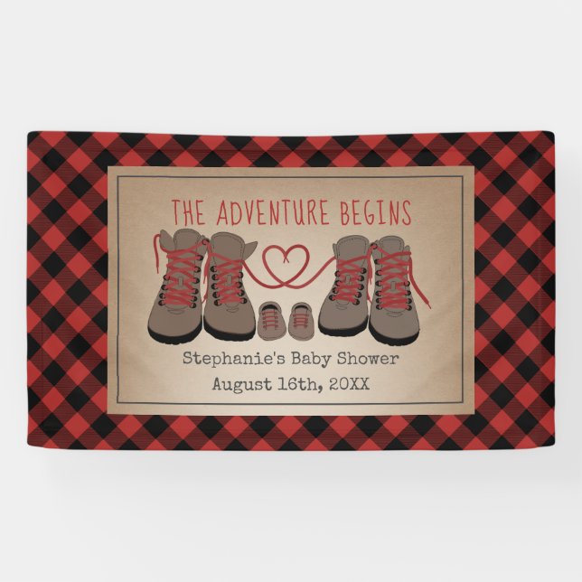 Hiking Boots Adventure Buffalo Plaid Baby Shower Banner (Horizontal)