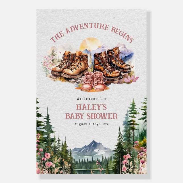 Hiking Boots Adventure Pink Girl Baby Shower Foam Board (Front)