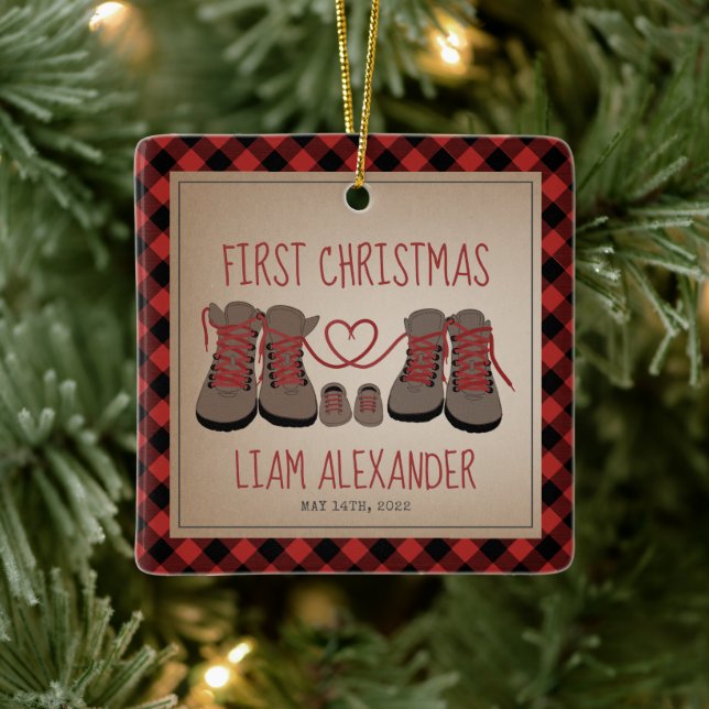Hiking Boots Baby's First Christmas Plaid Ceramic Ornament (Tree)