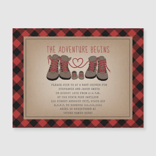 Hiking Boots Buffalo Plaid Adventure Baby Shower (Front)