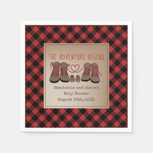 Hiking Boots Buffalo Plaid Adventure Baby Shower Napkins