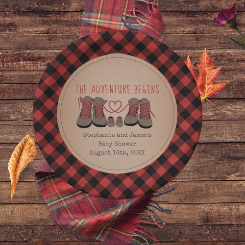 Hiking Boots Buffalo Plaid Adventure Baby Shower Paper Plates