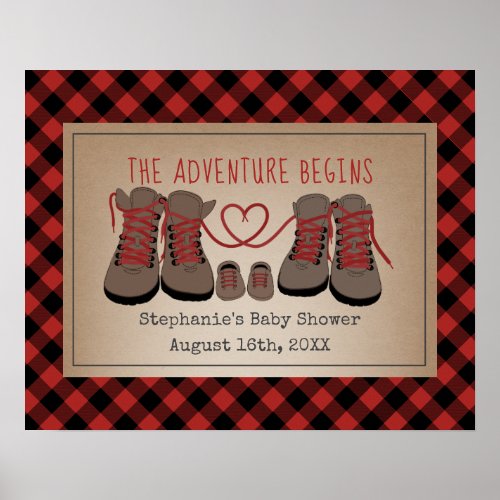 Hiking Boots Buffalo Plaid Adventure Baby Shower Poster