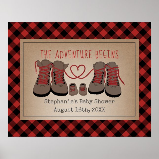Hiking Boots Buffalo Plaid Adventure Baby Shower Poster (Front)
