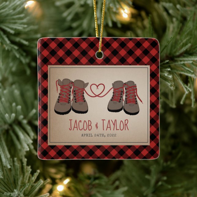 Hiking Boots First Christmas Married Engaged  Ceramic Ornament (Tree)