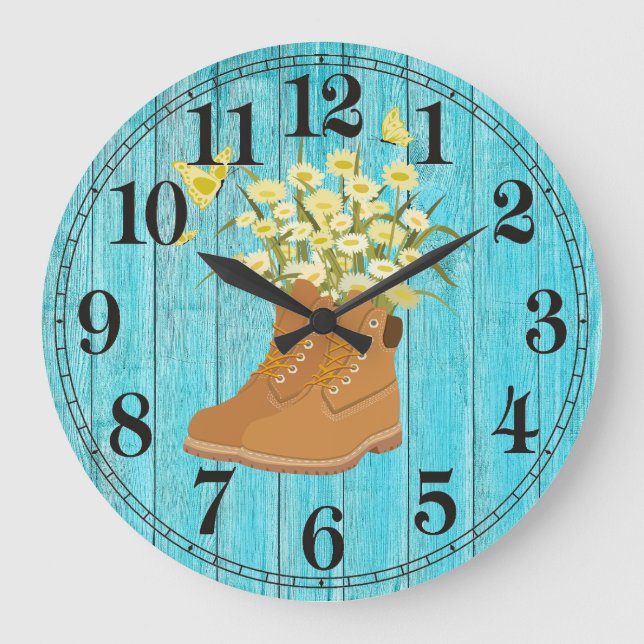 Hiking Boots & Flowers Round (Large) Wall Clock (Front)