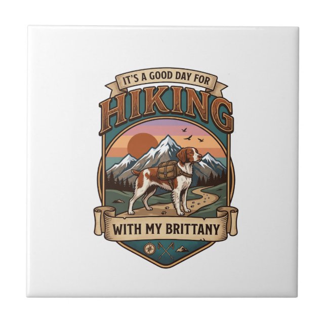 Hiking Brittany Dog Backpack Mountains Ceramic Tile (Front)