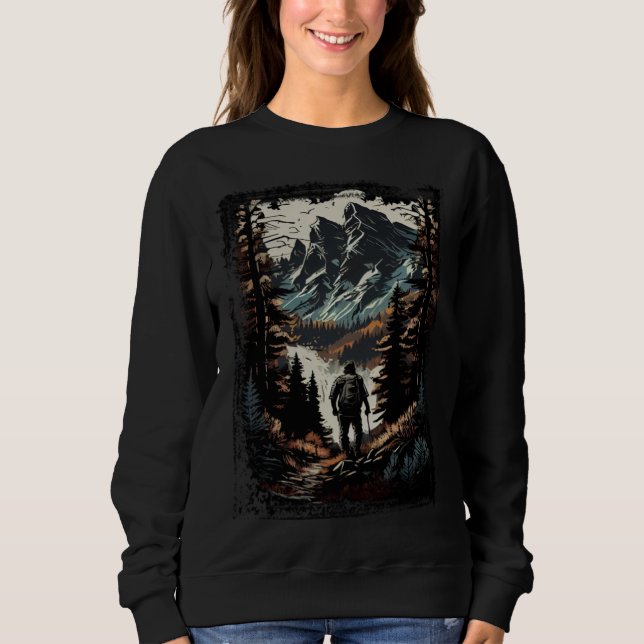 Hiking camping mountains sunset hiker retro 70s vi sweatshirt (Front)