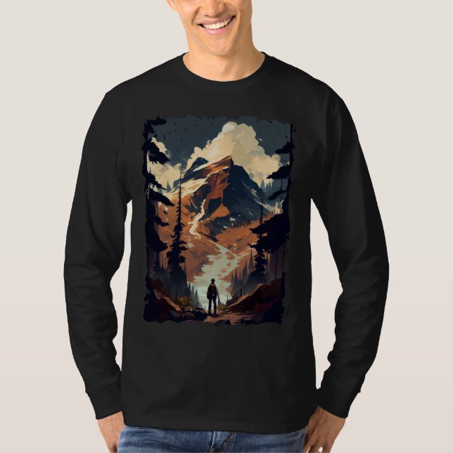 Hiking camping mountains sunset hiker retro 70s vi T-Shirt (Front)