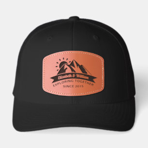 Hiking couple family exploring together mountains leather patch hat