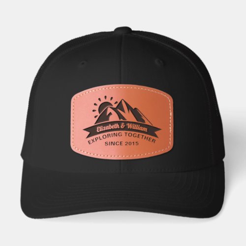 Hiking couple family exploring together mountains