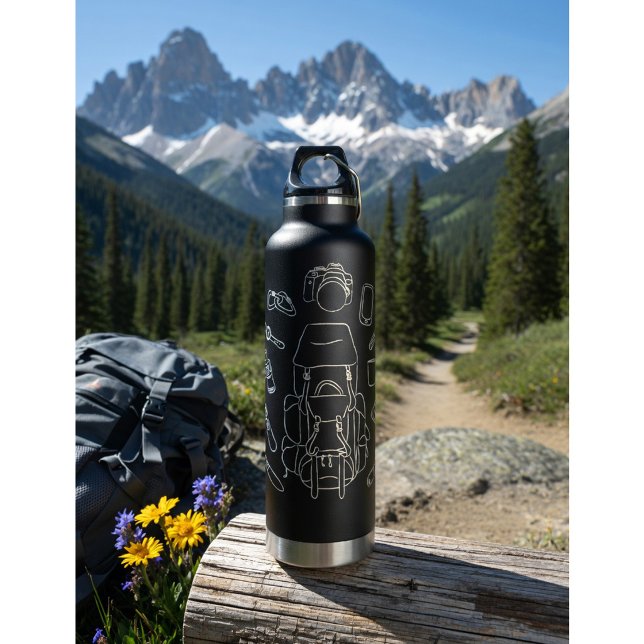 Hiking Essentials Line Art | Thor Insulated Black  Water Bottle (Creator Uploaded)