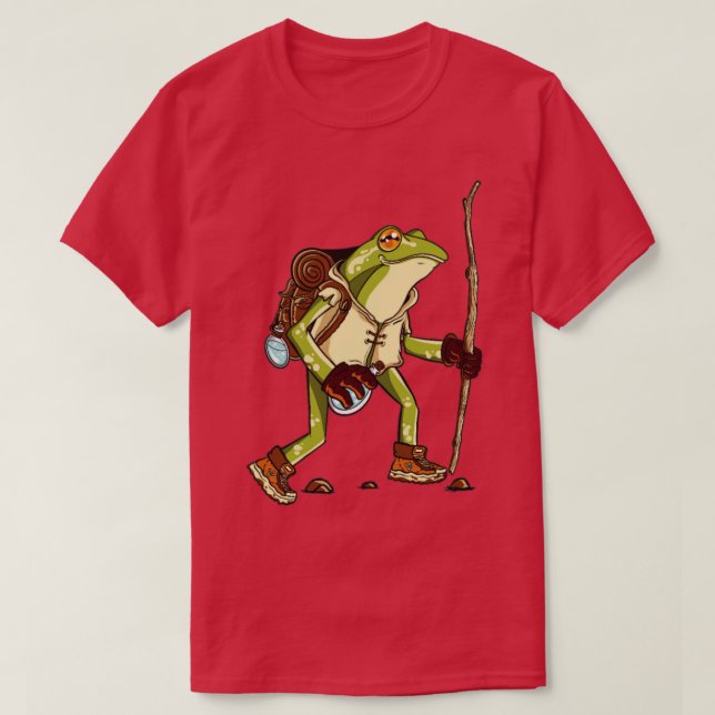 Hiking Frog drawing frog with backpack and stick  T-Shirt (Design Front)