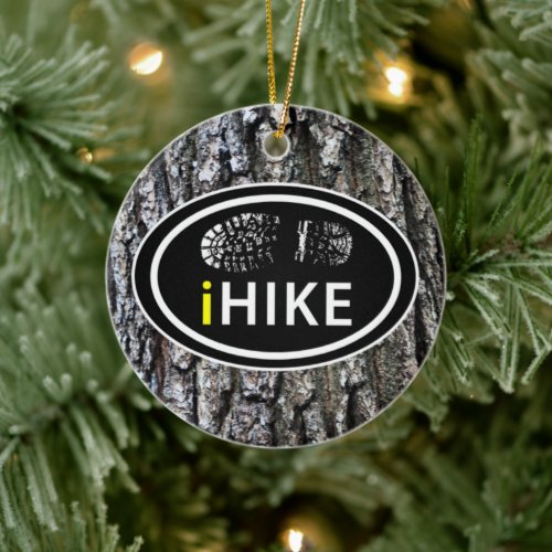Hiking iHIKE Boot Print on Tree Bark Christmas Ceramic Ornament