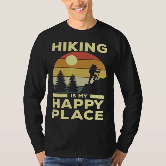 Hiking is My Happy Place Retro Sunset Mountain Cli T-Shirt (Front)