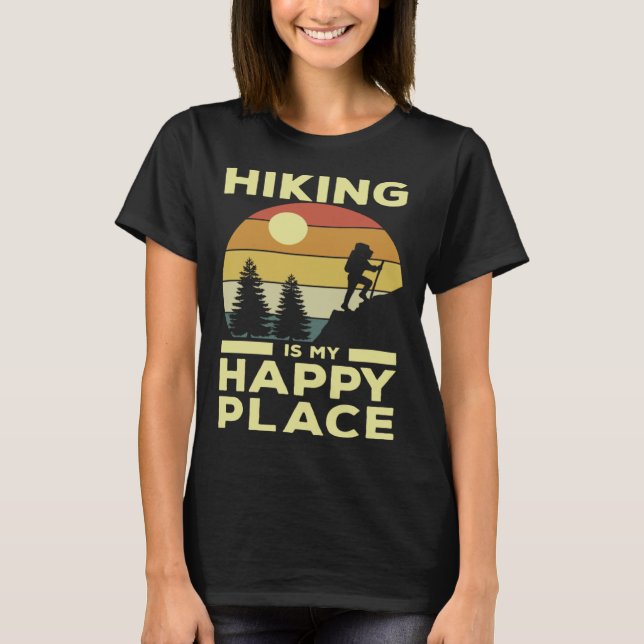 Hiking is My Happy Place Retro Sunset Mountain Cli T-Shirt (Front)