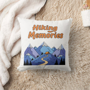 "Hiking Memories" Whimsical Mountain Camping Throw Pillow