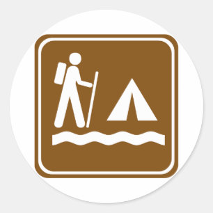 Hiking Trail with Lakeside Camping Highway Sign Classic Round Sticker
