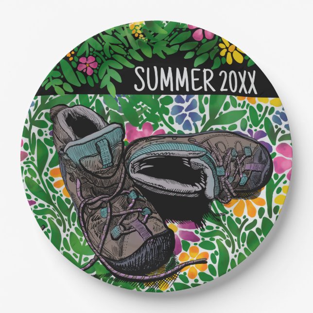 Hiking Vibes Summer Personalized Camping Picnic Paper Plates (Front)
