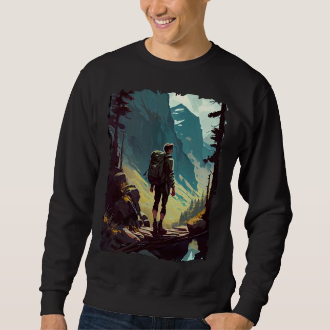 Hiking Woman mountains sunset hiker retro 70s vint Sweatshirt (Front)