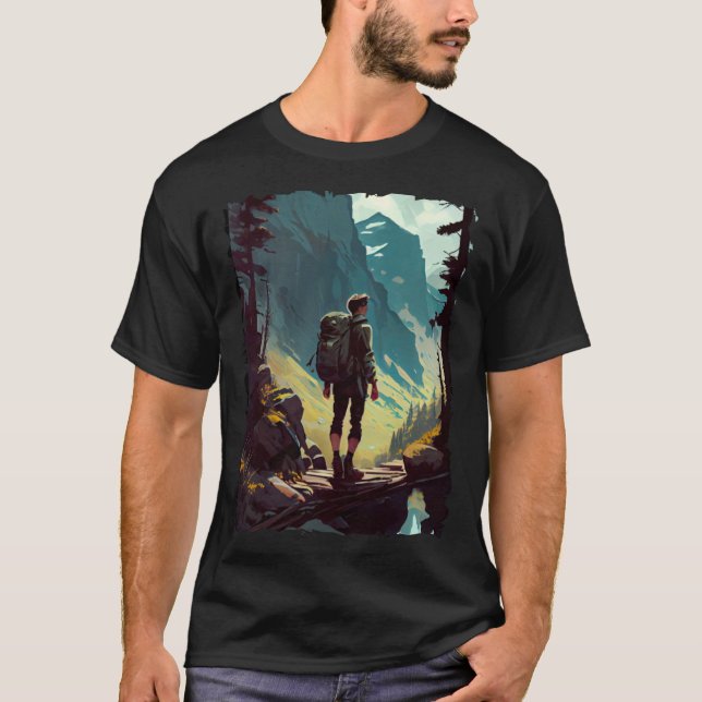 Hiking Woman mountains sunset hiker retro 70s vint T-Shirt (Front)