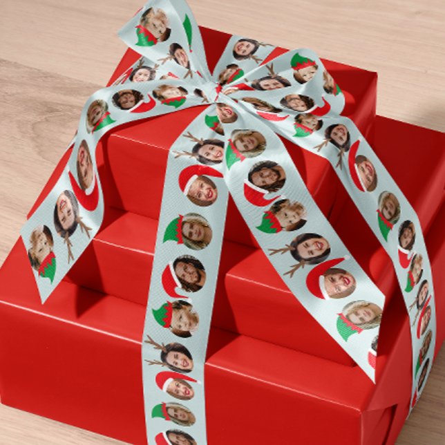 Hilarious 5 People in Christmas Hats Holiday Gift Satin Ribbon (put your friends, family and pets in festive Christmas hats on this custom ribbon with five photos)