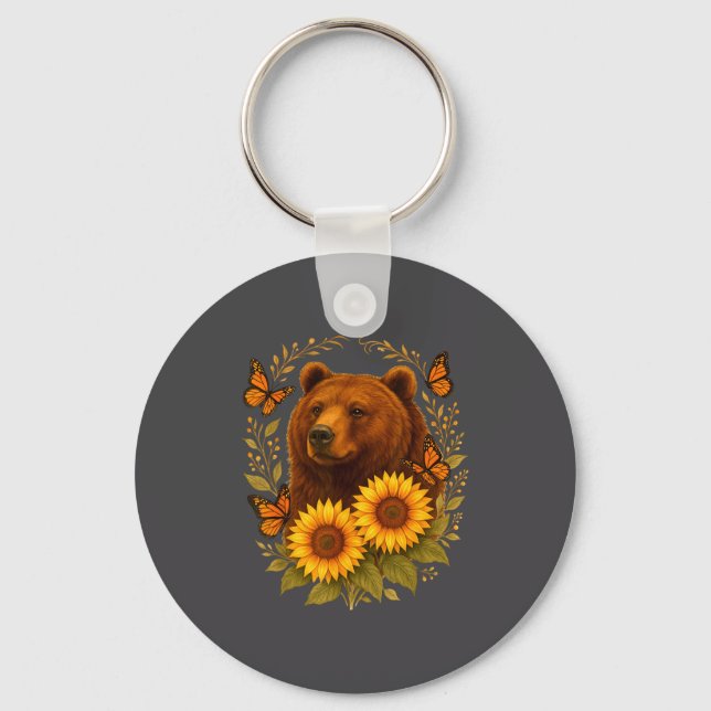 Hilarious Bear Butterfly Nature Rustic Sunflower M Keychain (Front)