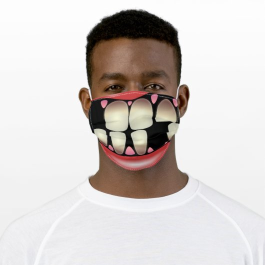 Hilarious cartoon bad teeth smiling lips fun adult cloth face mask (Worn)