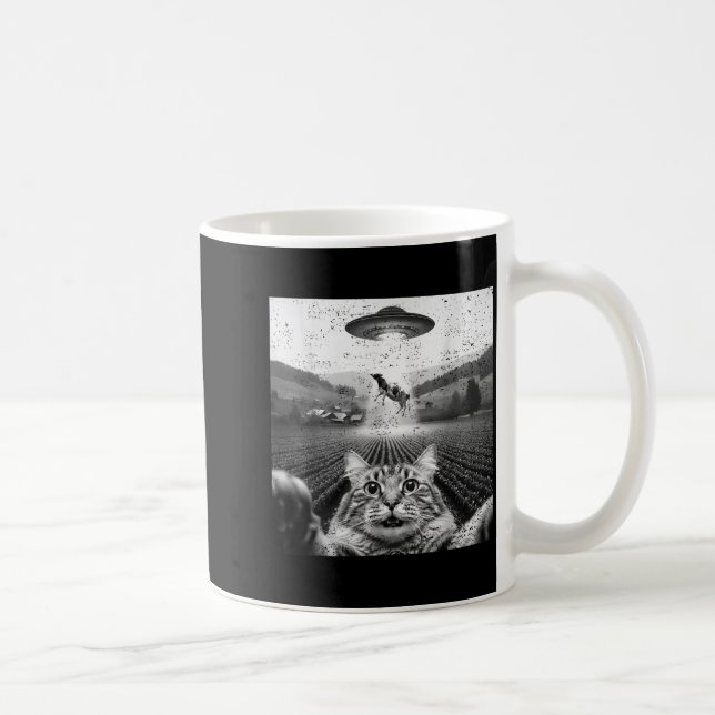 Hilarious Cat Selfie Ufo Cow Abduction Alien Meme  Coffee Mug (Right)