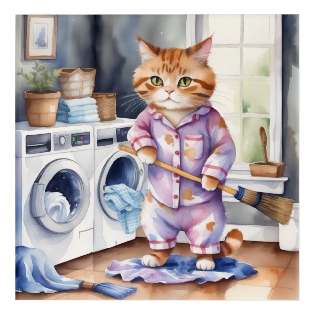 Hilarious Cute Cat in Pajamas Doing Laundry  Acrylic Print (Front)