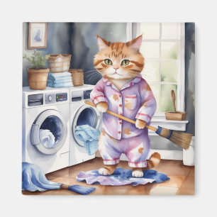 Hilarious Cute Cat in Pajamas Doing Laundry  Magnet