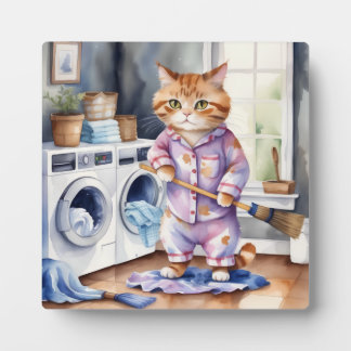 Hilarious Cute Cat in Pajamas Doing Laundry Plaque
