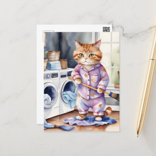 Hilarious Cute Cat in Pajamas Doing Laundry  Postcard