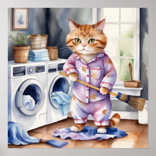 Hilarious Cute Cat in Pajamas Doing Laundry  Poster