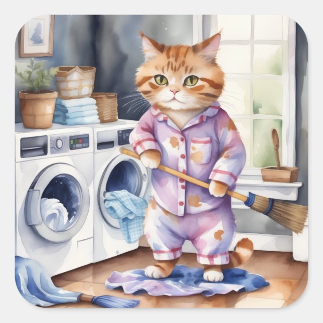 Hilarious Cute Cat in Pajamas Doing Laundry  Square Sticker (Front)